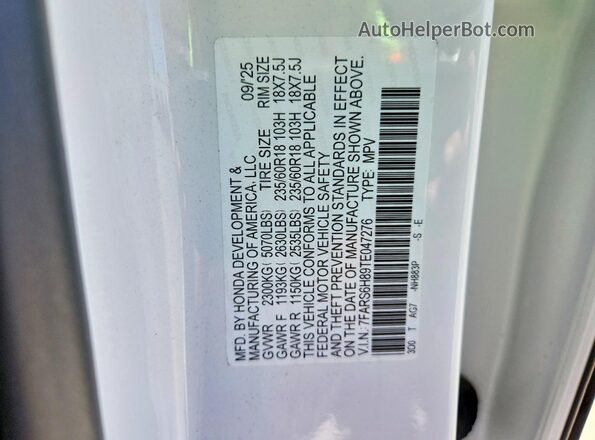 7FARS6H89TE047276 2026 HONDA CR-V White VIN sticker view