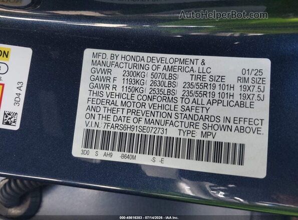 7FARS6H91SE072731 2025 HONDA CR-V Blue Շարժիչի բաժամունքի տեսք