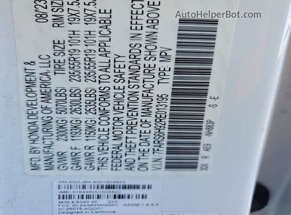 7FARS6H92RE013195 2024 HONDA CR-V White Вид наклейки з VIN-кодом