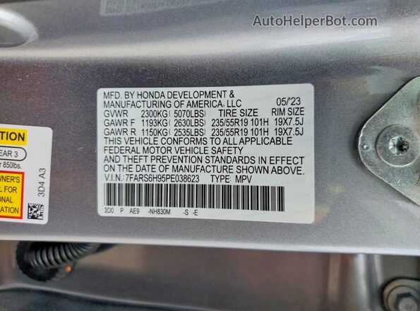 7FARS6H95PE038623 2023 HONDA CR-V Silver VIN კოდის სტიკერის ხედი