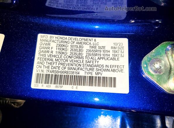 7FARS6H96RE038164 2024 HONDA CR-V Blue VIN კოდის სტიკერის ხედი