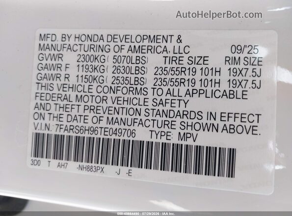 7FARS6H96TE049706 2026 HONDA CR-V White Vista del compartimento del motor