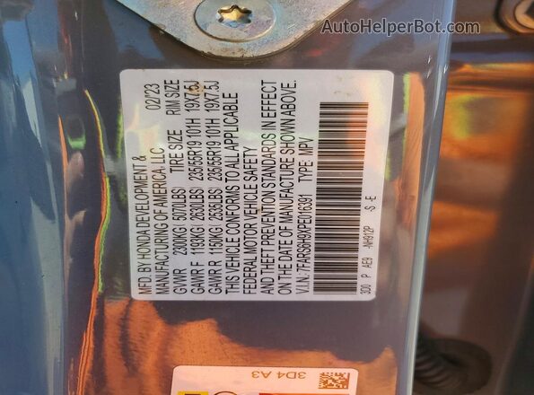 7FARS6H9XPE016391 2023 HONDA CR-V Gray VIN კოდის სტიკერის ხედი