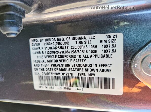 7FART6H50ME017278 2021 HONDA CR-V Серый Панорамный вид салона 360°