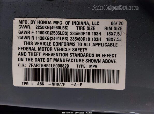 7FART6H51LE008829 2020 HONDA CR-V Light Blue ძრავის განყოფილების ხედი