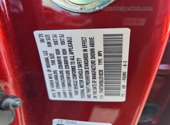 7FART6H59LE016239 2020 HONDA CR-V Red Widok naklejki z numerem VIN