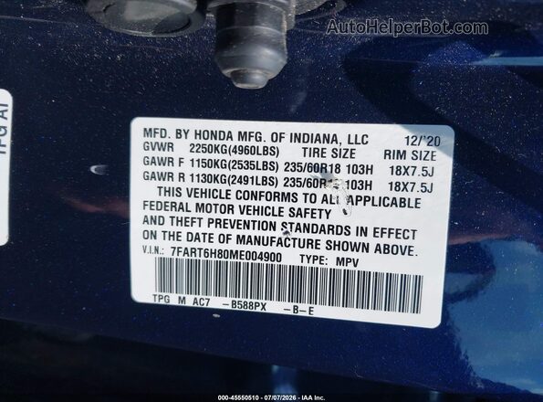 7FART6H80ME004900 2021 HONDA CR-V Синий Вид подкапотного пространства