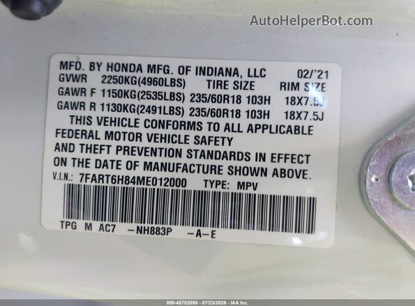 7FART6H84ME012000 2021 HONDA CR-V White Engine compartment view
