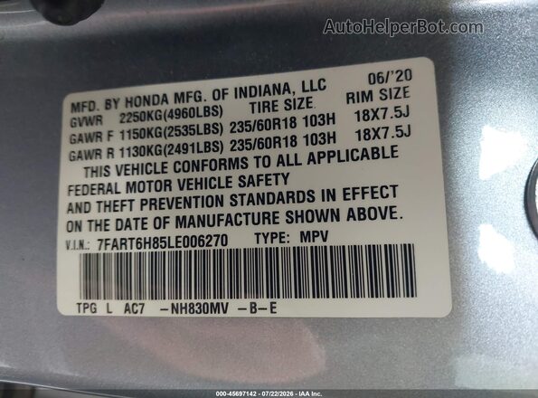 7FART6H85LE006270 2020 HONDA CR-V Silver ძრავის განყოფილების ხედი