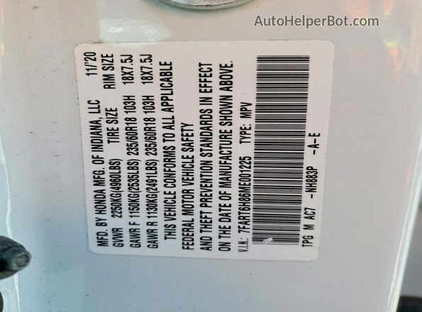 7FART6H86ME001225 2021 HONDA CR-V White Vista interior de 360 grados