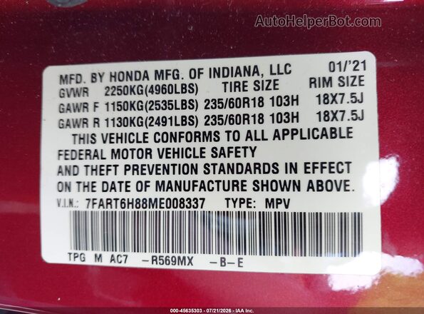 7FART6H88ME008337 2021 HONDA CR-V Красный Вид подкапотного пространства