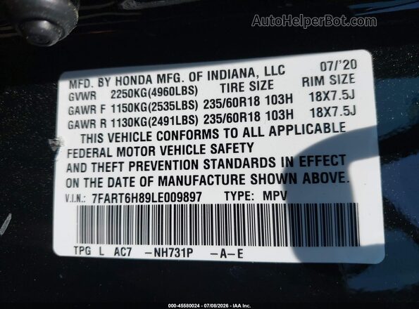 7FART6H89LE009897 2020 HONDA CR-V Черный Вид подкапотного пространства