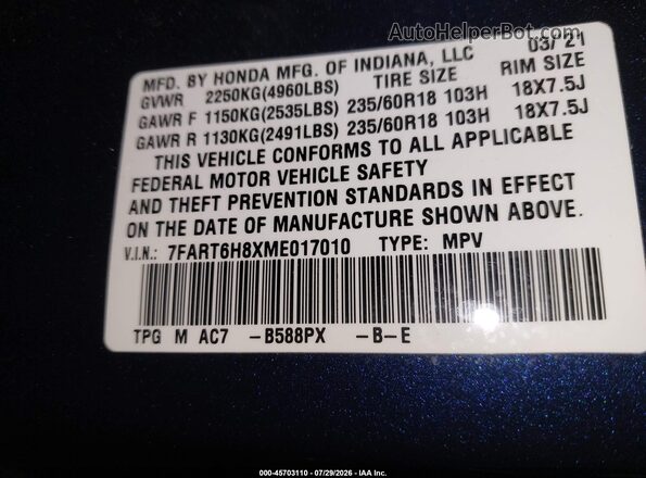 7FART6H8XME017010 2021 HONDA CR-V Blue Vista del compartimento del motor
