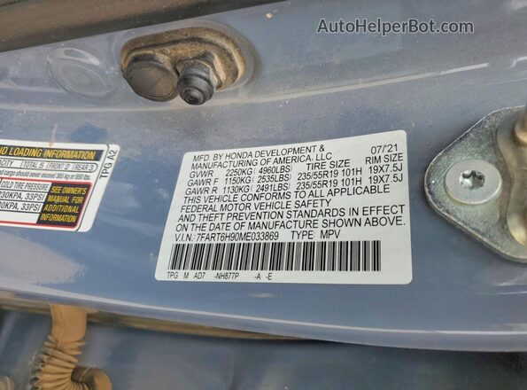 7FART6H90ME033869 2021 HONDA CR-V Blue VIN კოდის სტიკერის ხედი