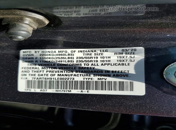 7FART6H91LE002273 2020 HONDA CR-V Gray VIN sticker view