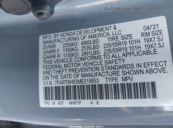 7FART6H93ME019853 2021 HONDA CR-V Blue Вид підкапотного простору