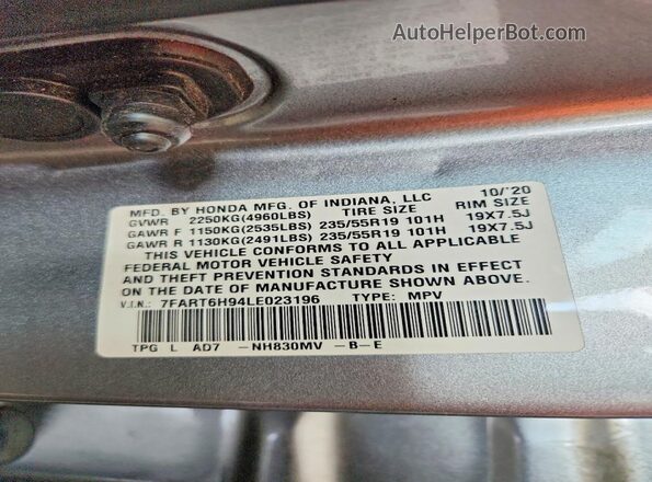7FART6H94LE023196 2020 HONDA CR-V Silver Շարժիչի բաժամունքի տեսք
