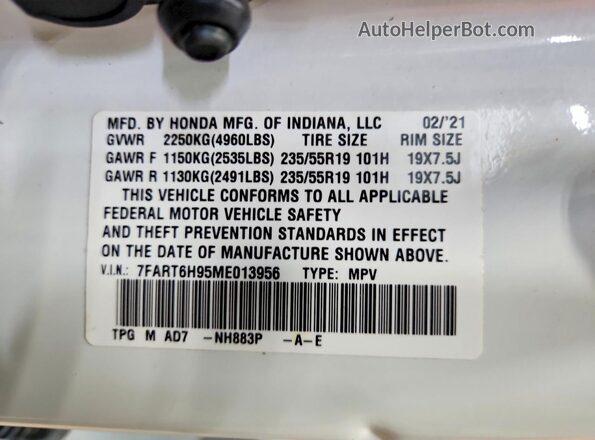 7FART6H95ME013956 2021 HONDA CR-V White VIN կոդի պիտակի տեսք