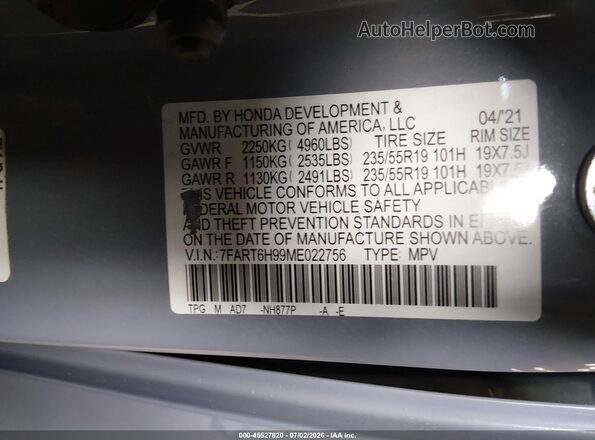7FART6H99ME022756 2021 HONDA CR-V Gray ძრავის განყოფილების ხედი