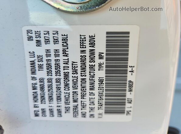 7FART6H9XLE019461 2020 HONDA CR-V White VIN կոդի պիտակի տեսք