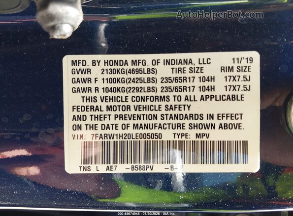 7FARW1H20LE005050 2020 HONDA CR-V Dark Blue Вид подкапотного пространства