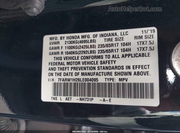 7FARW1H26LE004095 2020 HONDA CR-V Black Vista del compartimento del motor