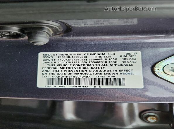 7FARW1H51HE040407 2017 HONDA CR-V Silver VIN sticker view