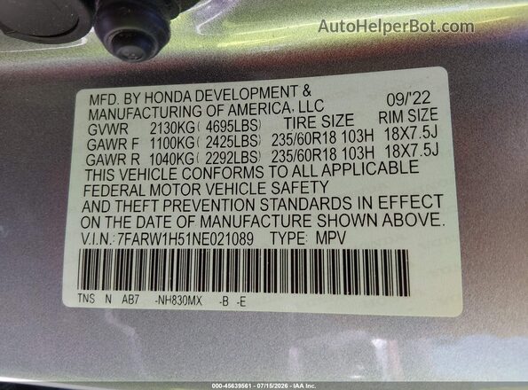 7FARW1H51NE021089 2022 HONDA CR-V Silver Engine compartment view