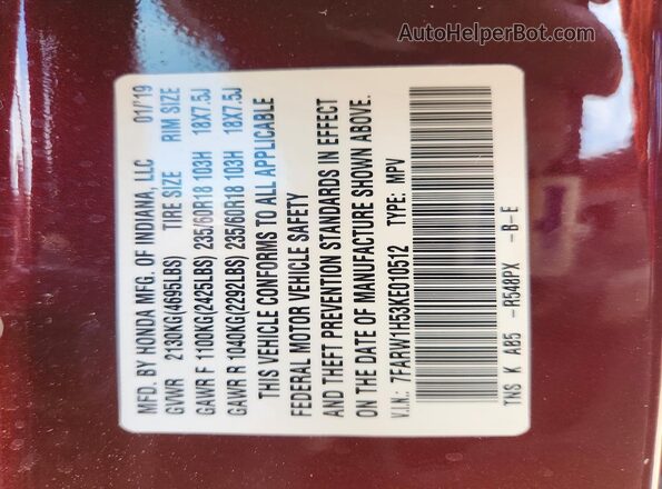7FARW1H53KE010512 2019 HONDA CR-V Burgundy VIN sticker view