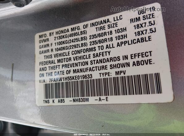 7FARW1H55KE019633 2019 HONDA CR-V Silver Engine compartment view