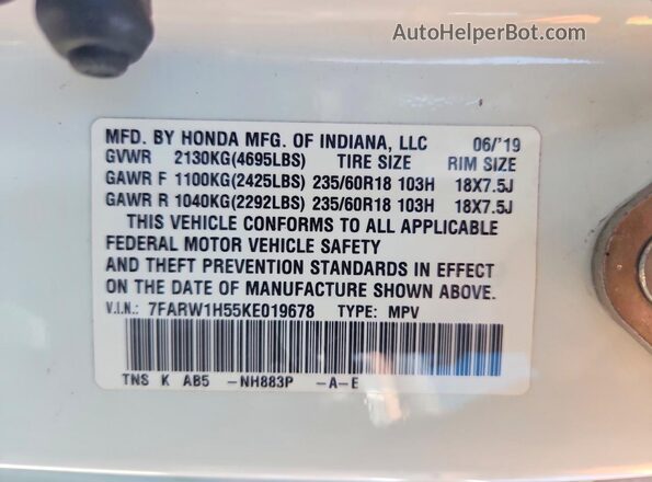 7FARW1H55KE019678 2019 HONDA CR-V White Շարժիչի բաժամունքի տեսք