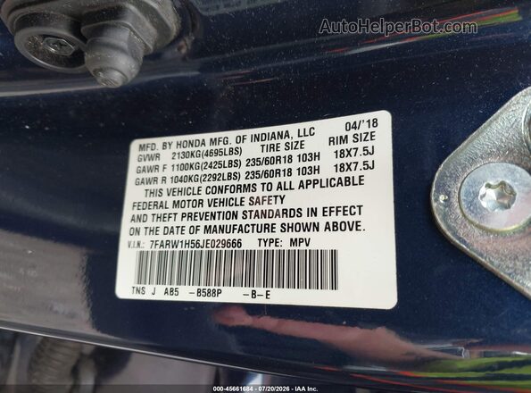 7FARW1H56JE029666 2018 HONDA CR-V Blue Vista del compartimento del motor