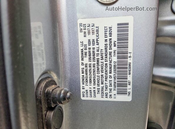 7FARW1H57LE020512 2020 HONDA CR-V Silver Панорамний вид салону 360°
