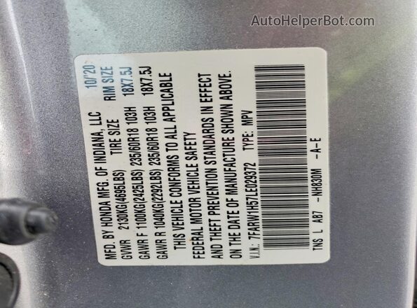 7FARW1H57LE029372 2020 HONDA CR-V Silver VIN sticker view