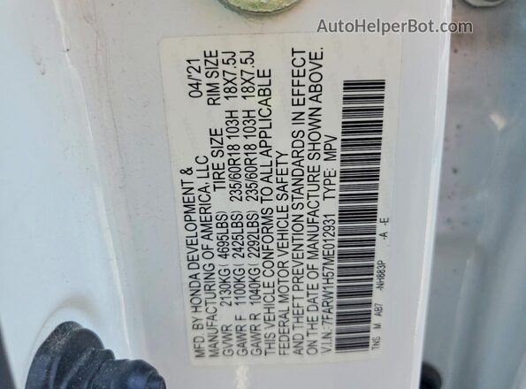 7FARW1H57ME012931 2021 HONDA CR-V White VIN կոդի պիտակի տեսք