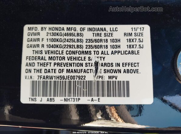 7FARW1H59JE007922 2018 HONDA CR-V Черный Вид подкапотного пространства