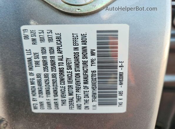 7FARW1H5XKE027016 2019 HONDA CR-V Silver VIN կոդի պիտակի տեսք
