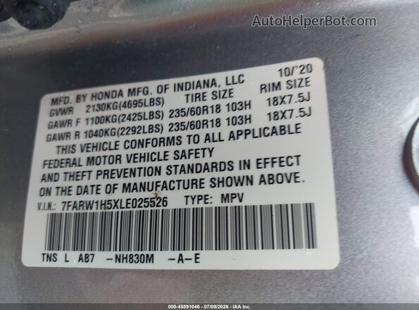 7FARW1H5XLE025526 2020 HONDA CR-V Silver Vista del compartimento del motor