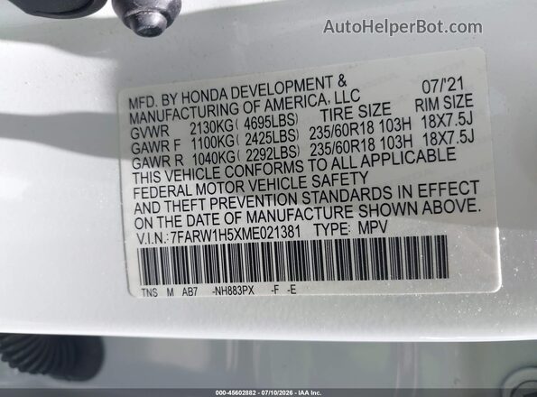 7FARW1H5XME021381 2021 HONDA CR-V White Вид підкапотного простору