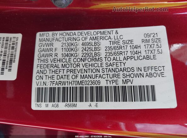7FARW1H70ME023609 2021 HONDA CR-V Red Engine compartment view