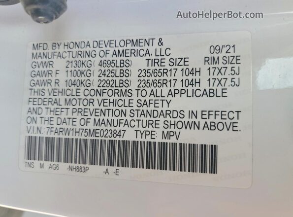 7FARW1H75ME023847 2021 HONDA CR-V White Вид підкапотного простору
