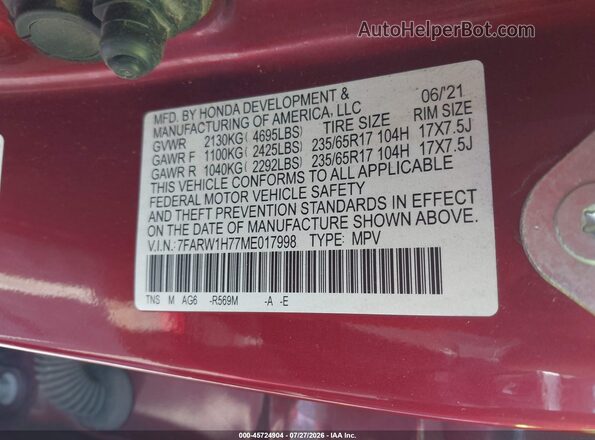 7FARW1H77ME017998 2021 HONDA CR-V Red Vista del compartimento del motor