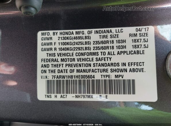 7FARW1H81HE005604 2017 HONDA CR-V Gray Widok komory silnika