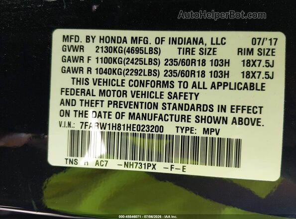 7FARW1H81HE023200 2017 HONDA CR-V Black Widok komory silnika