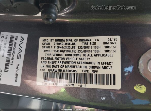 7FARW1H81LE008429 2020 HONDA CR-V Gray Widok komory silnika