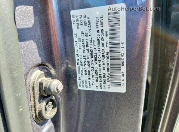 7FARW1H83KE000086 2019 HONDA CR-V Gray Widok naklejki z numerem VIN