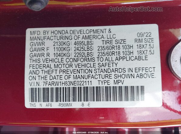 7FARW1H83NE022111 2022 HONDA CR-V Red Շարժիչի բաժամունքի տեսք
