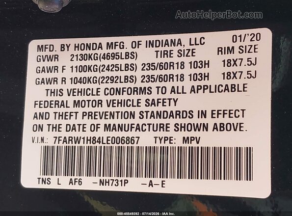 7FARW1H84LE006867 2020 HONDA CR-V Black Вид підкапотного простору