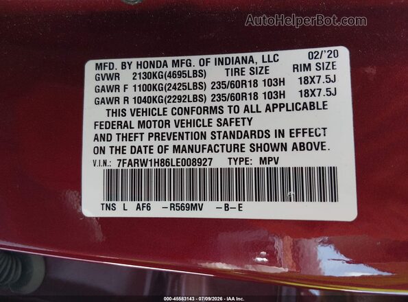 7FARW1H86LE008927 2020 HONDA CR-V Red Вид підкапотного простору