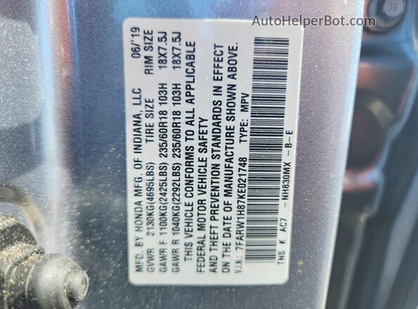 7FARW1H87KE021748 2019 HONDA CR-V Silver სალონის 360-გრადუსიანი ხედი